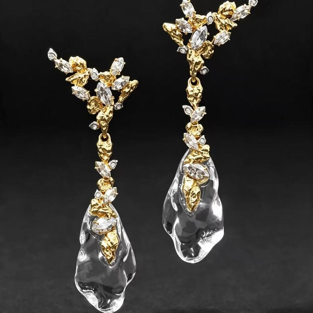Alexis Bittar Gold Tone Crystal Teardrop Drop Statement Earrings Formal Wedding